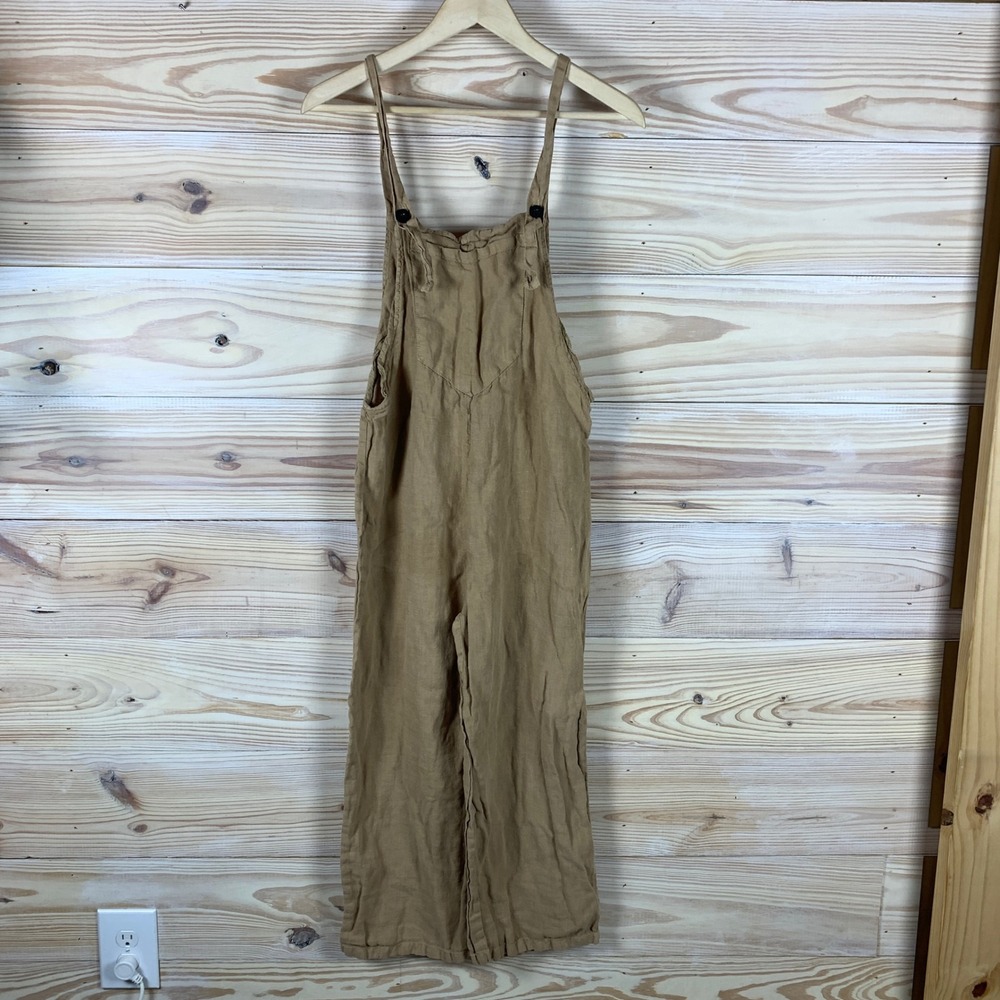 Zara Overalls Womens Small Tan 100% Linen Wide Leg Neutral Lagenlook